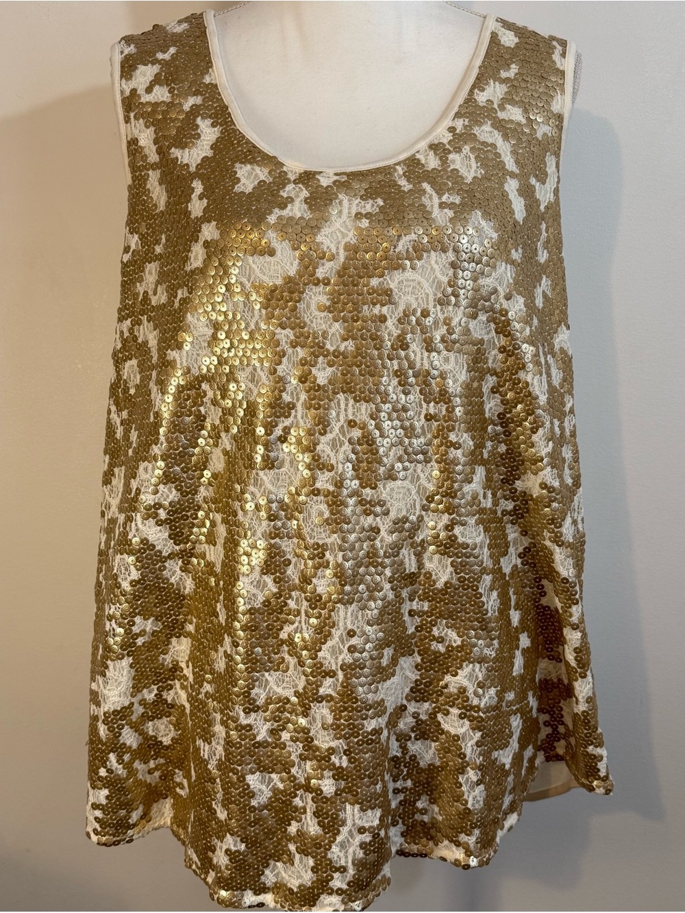 Worthington Ivory Gold Sequin Lace Sleeveless Top Plus Size 2X